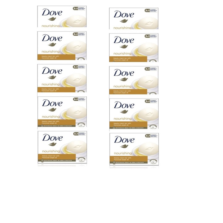 Комплект от 10 броя твърд сапун Dove Cream с арганово масло, 1/4 хидратиращ крем, 90 гр