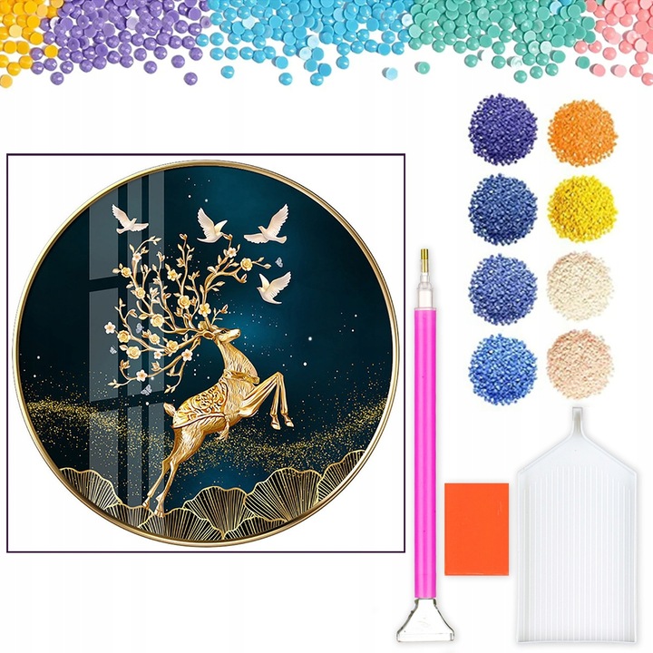 Set broderie cu diamante, Model Cerb de aur, 50 x 50 cm, Multicolor