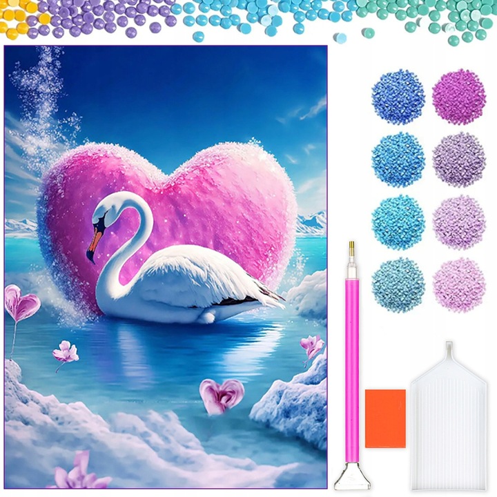 Kit broderie cu diamante, Model Lebada, 30 x 40 cm, Multicolor