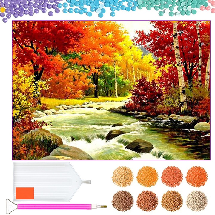 Set de broderie cu diamante, model peisaj de toamna, 30x40 cm, multicolor