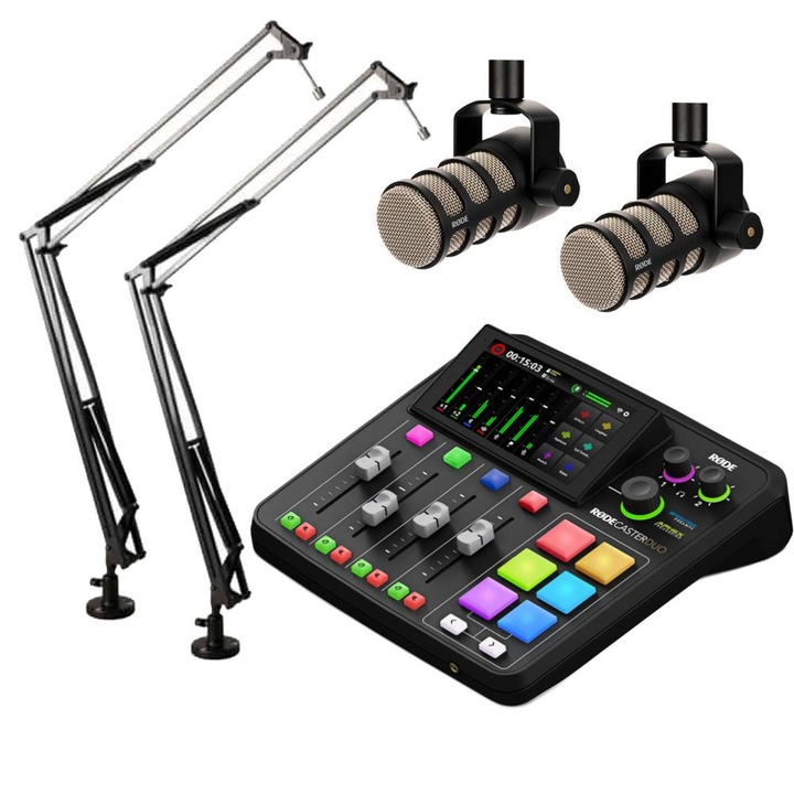 Подкаст комплект Rode Rodecaster Duo + Podmic, 2 x микрофон, миксер, кабели, стойки и кабели