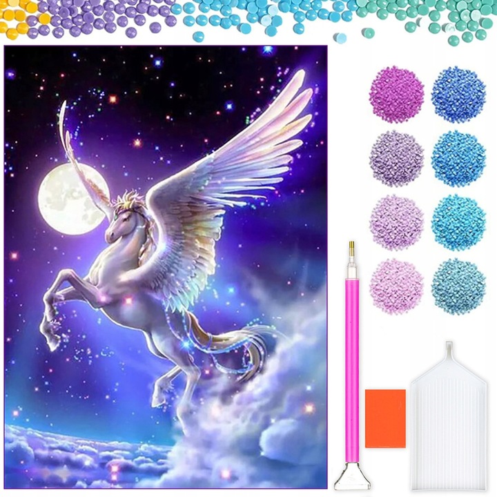 Kit broderie cu diamante, Model Unicorn, 30 x 40 cm, Multicolor