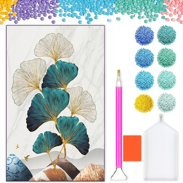 Kit de broderie cu diamante, Model Frunze, 40 x 60 cm, Multicolor