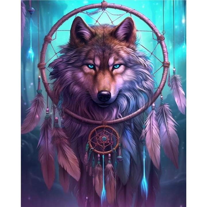Pictura pe numere cu diamante 5d, tema Art Dreamcatcher Wolf, 30x40 cm, Leejoy