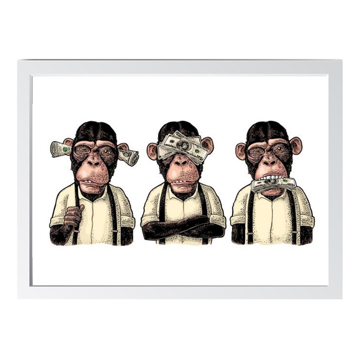 Tablou 3 maimute intelepte, Alb, 30x20cm