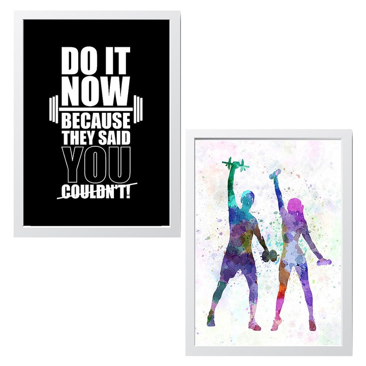 Set 2 Tablouri decorative cu mesaj Motivational GYM, Alb, 30x20cm