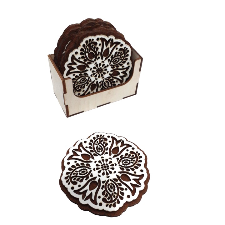 Set 6 suport pahare si cani, lemn, model flori