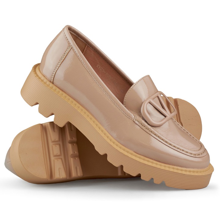 Pantofi loafers dama, piele lacuita, bej, 39 EU