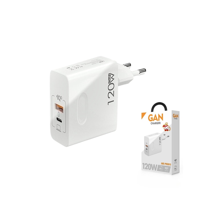 Мрежово зарядно устройство 120 w Adymel®, GaN супер бързо зарядно устройство, 2 порта, USB + PD тип-C двойно бързо зареждане, универсално, бяло