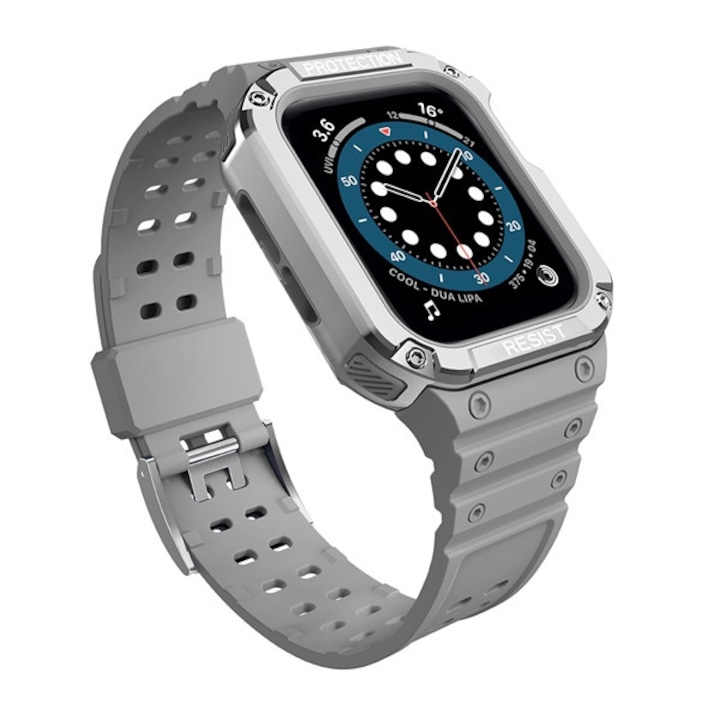 Apple Watch Series 9 45mm / Watch Series 3 42mm / Watch Series 2 42mm Gigapack pótszíj (egyedi méret, szilikon, ütésállóság + szilikon keret) szürke/ezüst, gigapack csomagolás