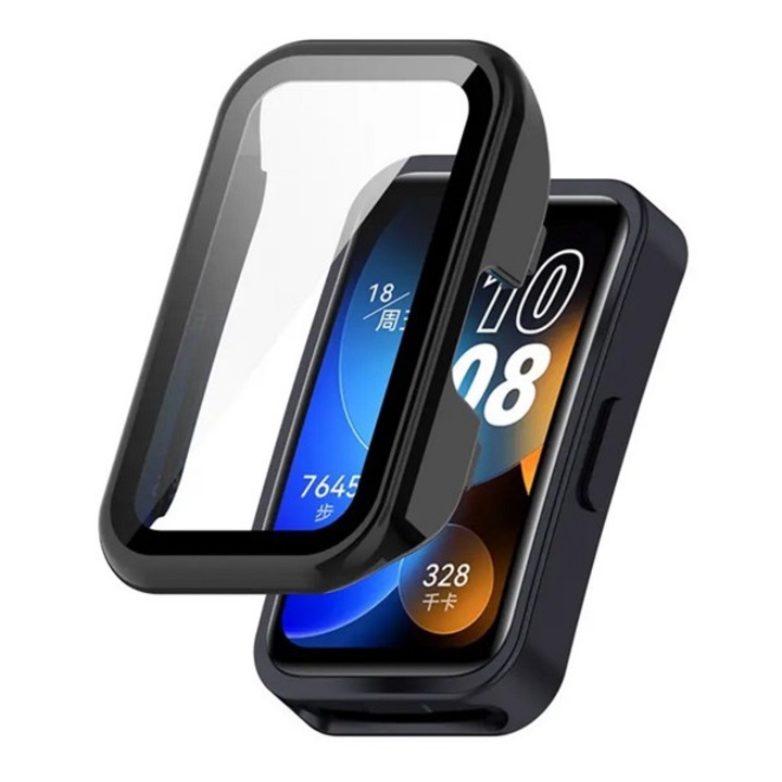 Gigapack műanyag keret, bumper, ütésállóság + kijelzővédő üveg, fekete, kompatibilis: Huawei Band 10 / Band 9 / Band 8