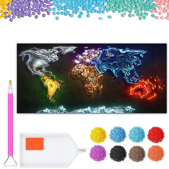 Kit broderie cu diamante, Model Harta lumii, 50 x 100 cm, Multicolor