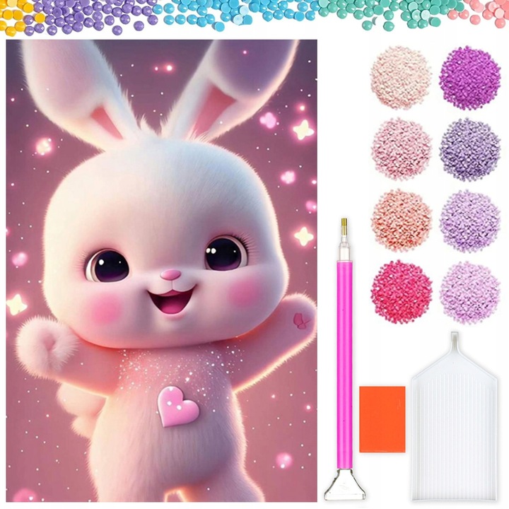 Kit broderie cu diamante, Model Iepure, Aplicator, Suport Margele, 20 x 30 cm, Multicolor