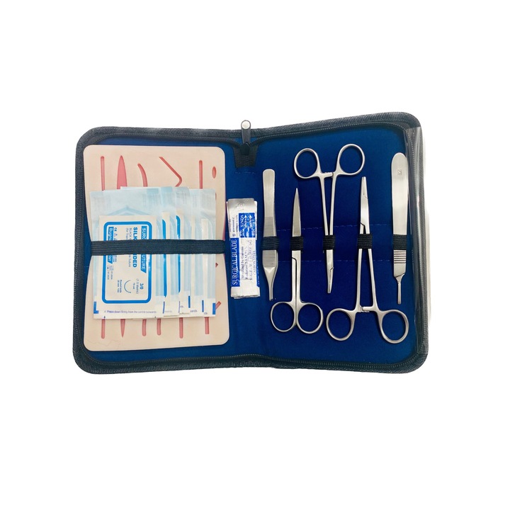 Kit profesional pentru practicarea suturilor chirurgicale cu 5 instrumente chirurgicale, 5 fire de sutura, 4 lame de bisturiu, 1 mulaj de sutura, Suture Expert, VELICO®, Albastru