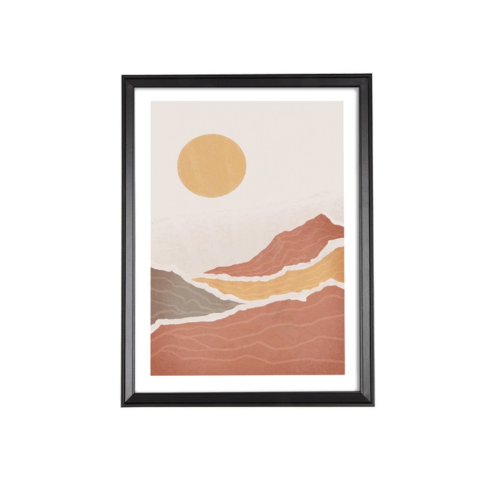 Tablou Decorativ Multicolor Minimalism, Peisaj Munti, Dune, cu rama neagra, 30x40cm