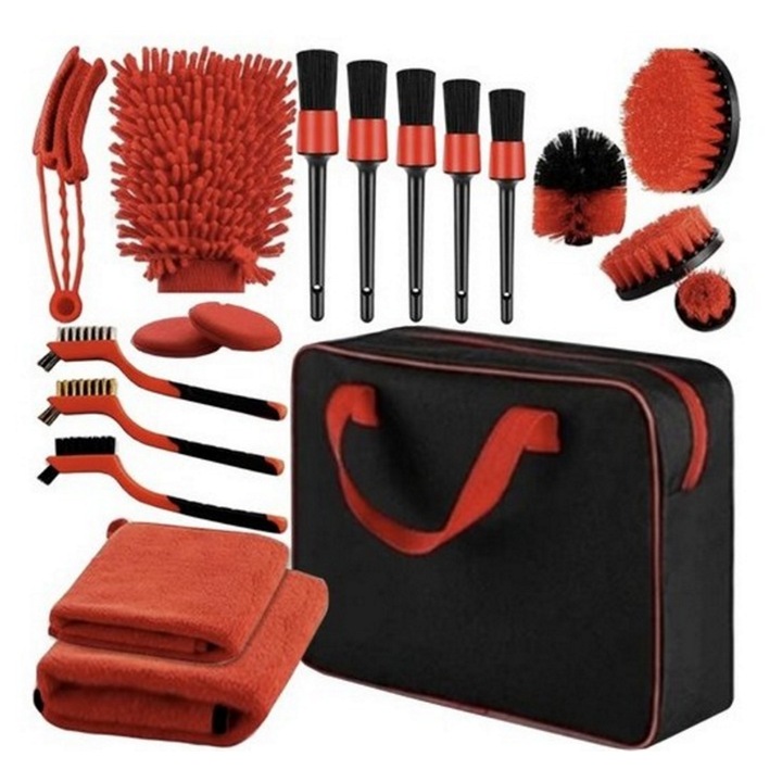 Set 18 Piese Detailing Auto idealSTORE, Elemente de Caroserie, Bord, Jante, Include 5 Pensule Detaliere, 3 Perii, Burete Aplicator, Manusa, Perie Tripla Grilaj, Laveta Moale Microfibra, Curatare Interior-Exterior, Husa pentru Depozitare