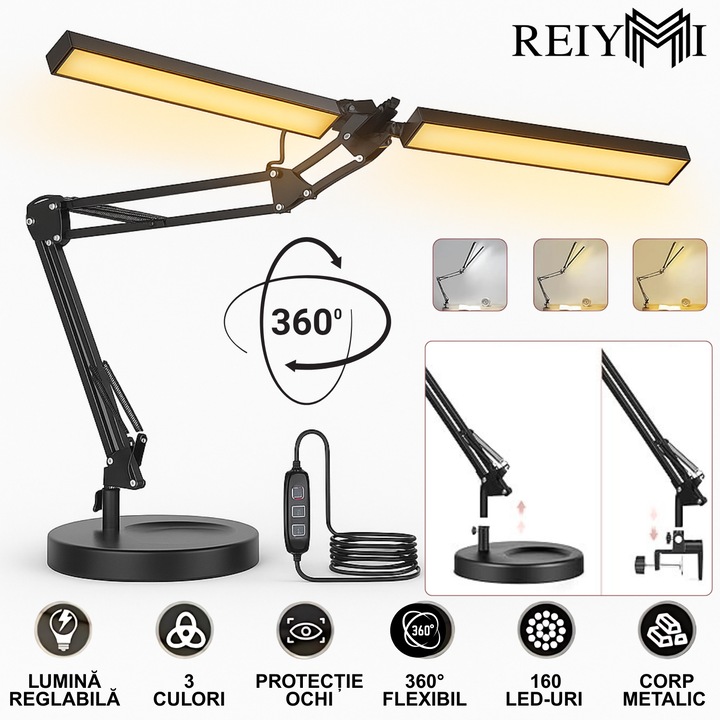 Lampa birou LED Arhitecturala Reiymi® 2-in-1, lumina de lucru de 24W, cu cleme si baza, Flicker Free si Protectie pentru ochi, 3 culori, 10 trepte de reglare a luminozitatii, reglabila 360°, 2400 lumeni, Carcasa Metal, Negru