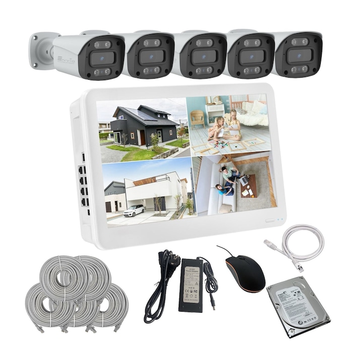 Kit de supraveghere video ENVIO complet IP POE cu 5 camere FULL COLOR 5MP PESS-KIT5CHMDFM70H500S-DLM