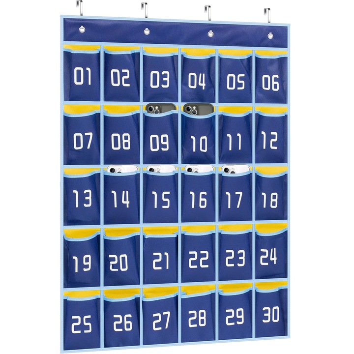 Tároló mobiltelefonokhoz, JENUOS®, multifunkcionális, Könnyen felszerelhető, bármilyen egyéb tartozékhoz, 30 rekeszes, 81X67cm, Kék