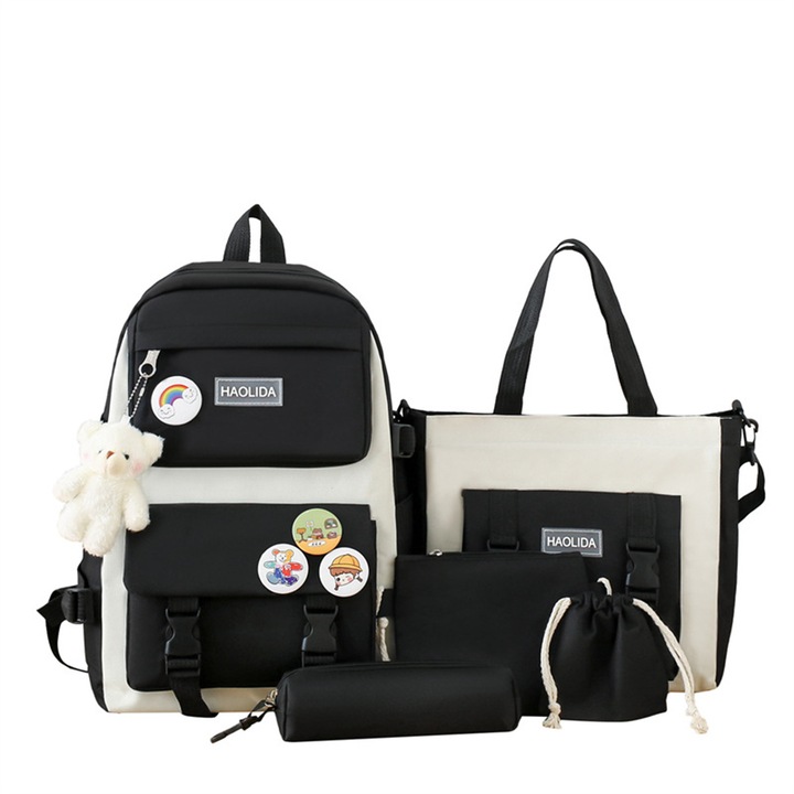 Комплект детска раница от 5 части с чанта за молив, чанта за през рамо, чанта за носене, чанта за късмет, черна