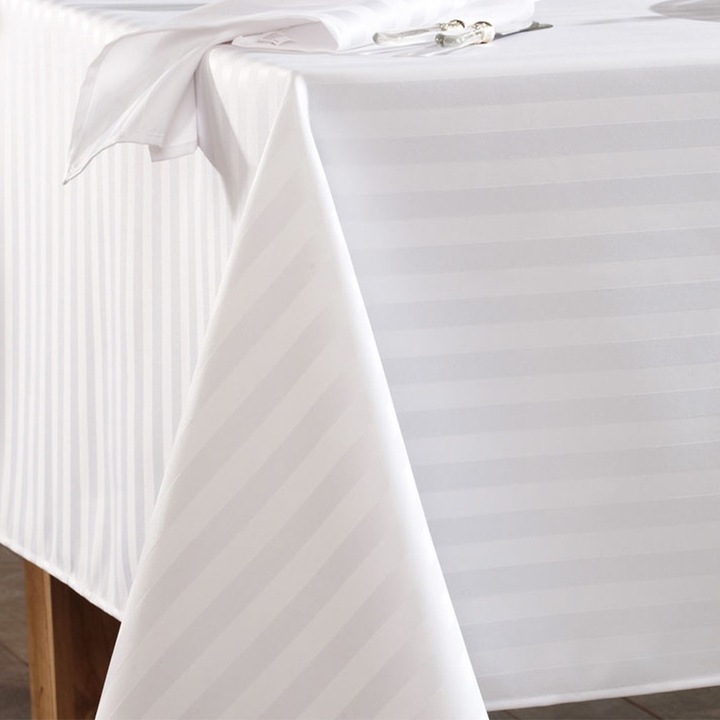 Fata de masa Kotonia Home, damasc, dungi subtiri 1 cm, 100% Bumbac, alb, 150×240 cm