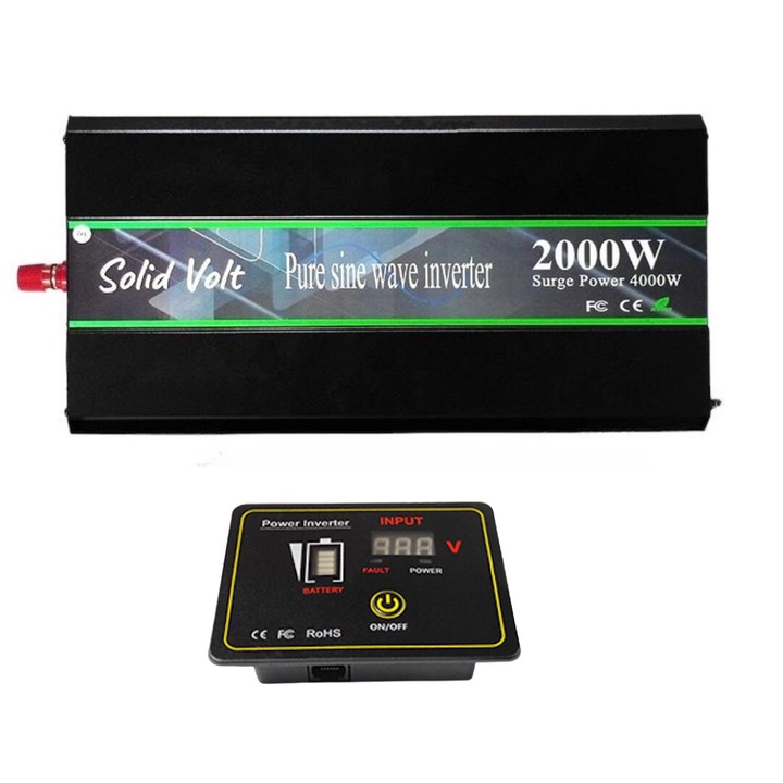Invertor sinus pur, 2000W putere continua/4000W putere de varf, unda pura, 24V, auto si sisteme panouri solare, rulote, autorulote, cabane, cu telecomanda, Solid Volt