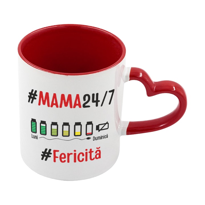 Cana alba personalizata, interior rosu si maner rosu in forma de inima, Colectia Mama, 8 Martie, Ziua Mamei, Model 4, 350 ml