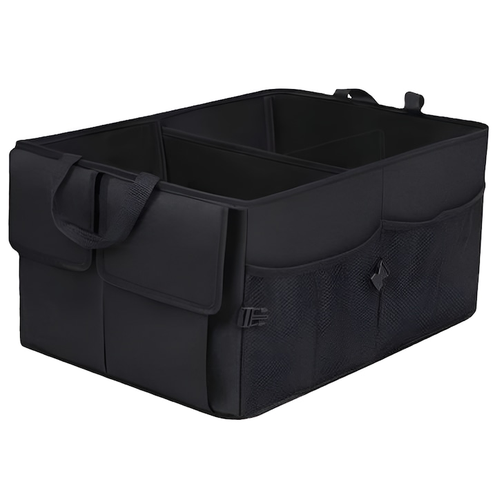 Velixo® Органайзер за багажник за кола, Мултифункционална чанта, 3 отделения за съхранение, Устойчиви джобове, Сгъваем, Полиестер, Транспортни дръжки, 52 x 37 x 25,5 cm, Черен