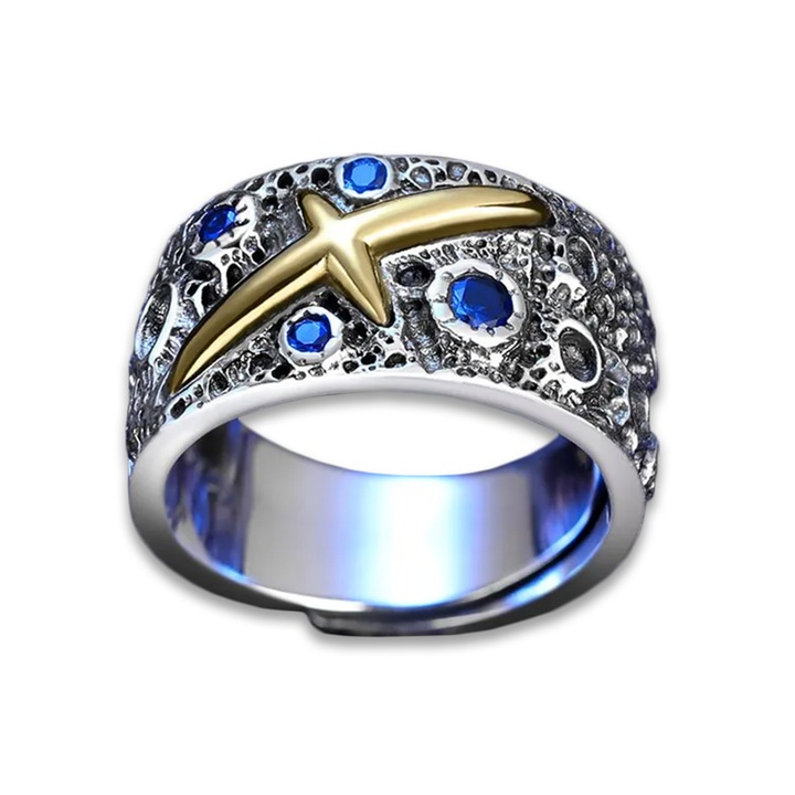 Inel barbati Lerods cu simbol stea si pietricele albastre, argintiu, ajustabil