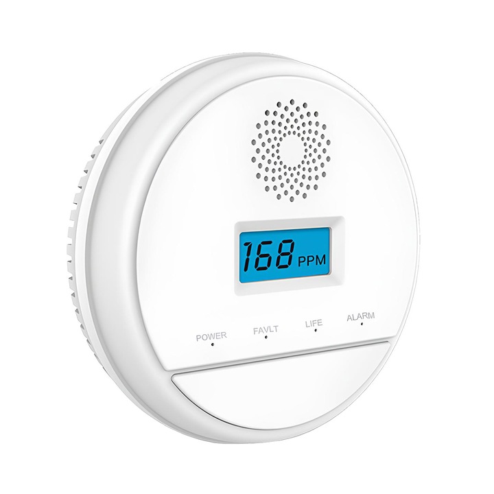 Detector 2 in 1 fum si monoxid carbon, Display LCD, Senzor electrochimic, Conectare Wireless 433Mhz cu sisteme de alarma, Indicator led, 85db, alimentare baterii, sundiguer, Alb