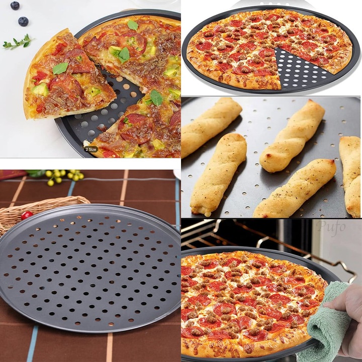 Tava cuptor rotunda Pufo Cook cu gauri pentru copt pizza, aluat, servire mancare, antiaderenta, 37 cm