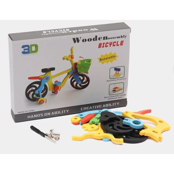 Puzzle 3D din lemn, pentru copii 6+, Bicicleta cu cos si roti ajutatoare