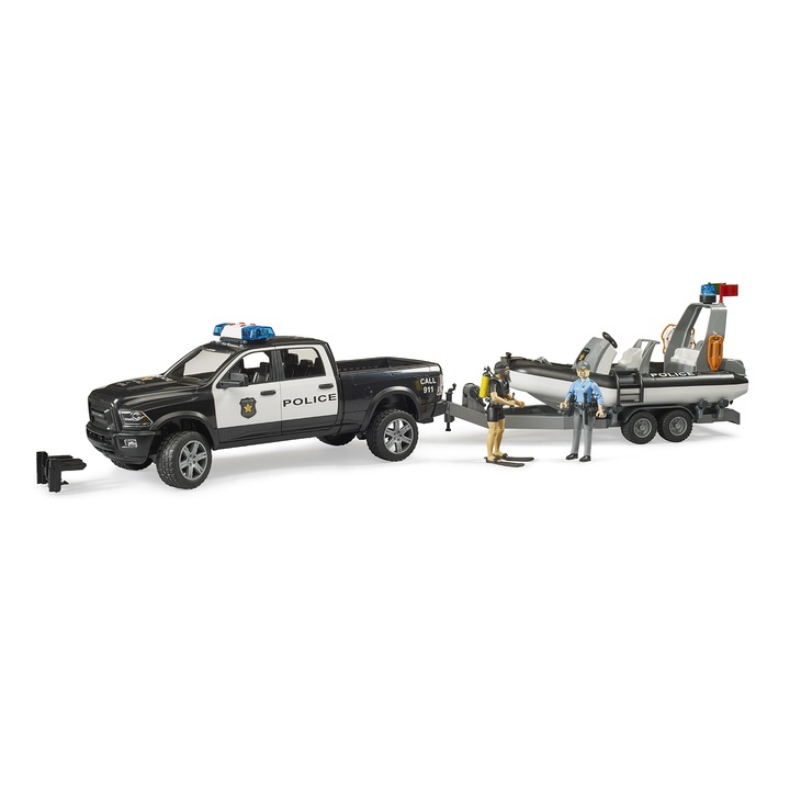 Количка Bruder - Police Dodge Ram 2500, С ремарке и лодка, Със светлини и звуци, 1:16