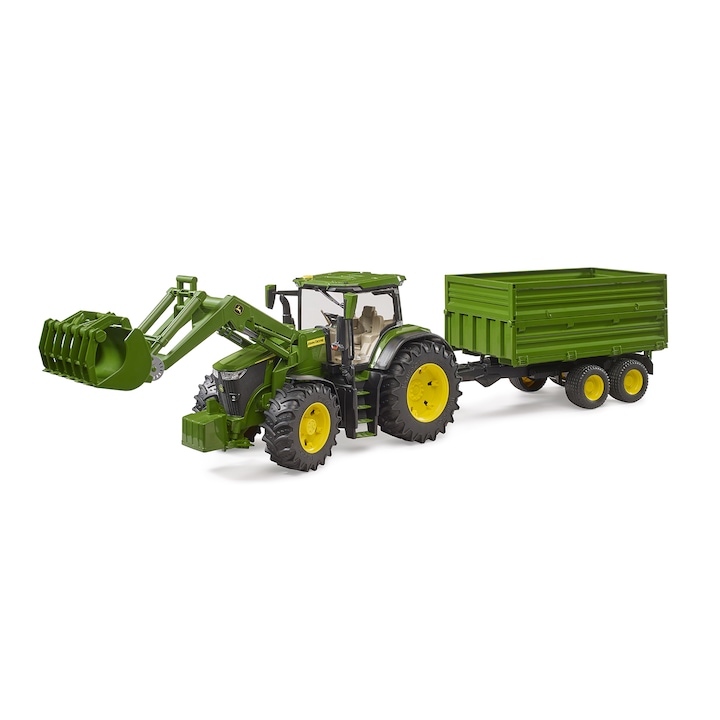 Трактор Bruder - John Deere 7R 350, С челен товарач и ремарке за самосвал, 1:16