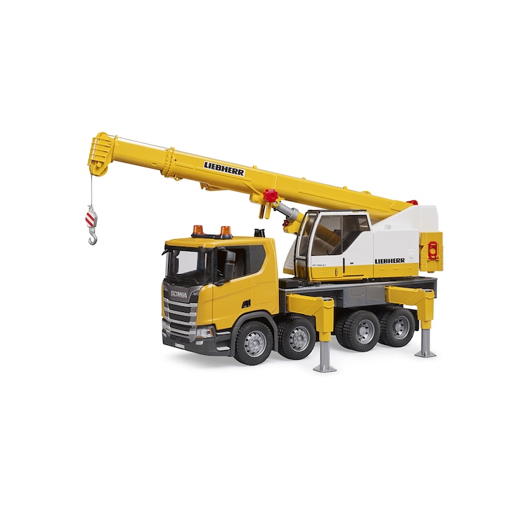Камион Bruder - Scania Super 560R, С кран Liebherr LTF 1045, Със светлини и звуци, 1:16