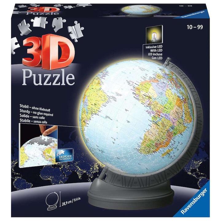Пъзел 3D Ravensburger - Глобус, с LED, 540 части