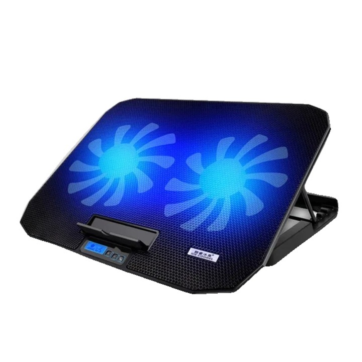 Cooler laptop, Metal, 36.3x26x3.2 cm, LCD, 2 ventilatoare, Negru/Albastru