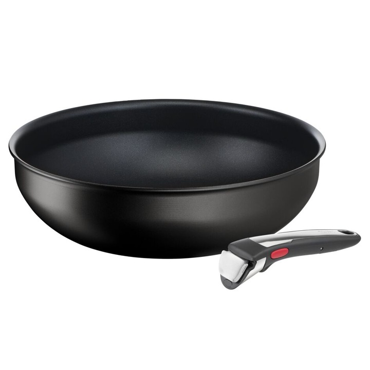 Tigaie Wok Tefal Ingenio Eco Resist On L7679102, 28 cm, maner detasabil inclus, anti-aderenta, Thermo Signal, inductie, Negru