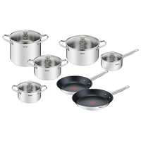 Set 12 piese Tefal Cook Eat, 5 oale cu capace de sticla, 2 tigai de 24 / 28 cm, otel inoxidabil, argintiu