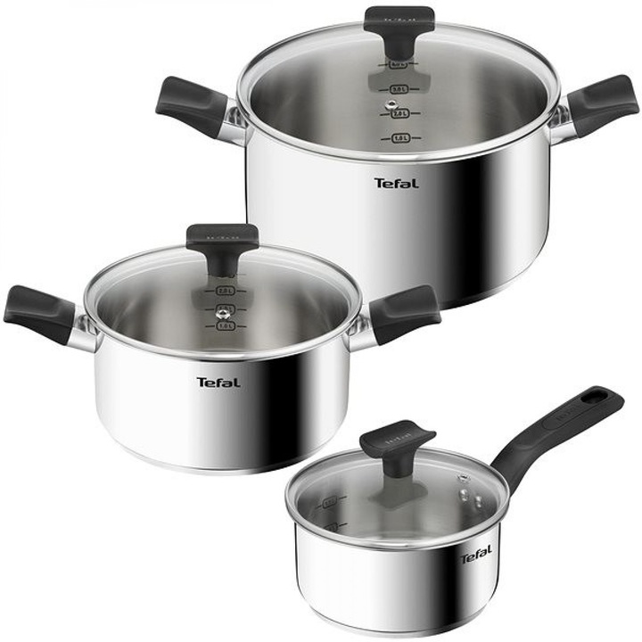 Комплект 6 части Tefal Delicious, Индукция, Тенджера 16 см, Тенджера 20/24 см, 3 стъклени капака, Ергономични дръжки, Градуиран интериор, Висококачествена неръждаема стомана, Сребрист