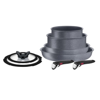 Set 8 piese Tefal Ingenio Natural Force, oala 16 / 20 cm, tigaie 22 / 26 cm, 2 manere detasabile, 2 capace de sticla 16 / 20 cm, invelis antiaderent, gri
