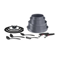 Set 14 piese Tefal Ingenio Natural Force, oale 16/20 cm, tigai 24/28 cm, tigaie saute 24 cm, 2 manere detasabile, 4 ustensile, 3 capace de sticla 16/20/24 cm, invelis antiaderent, gri
