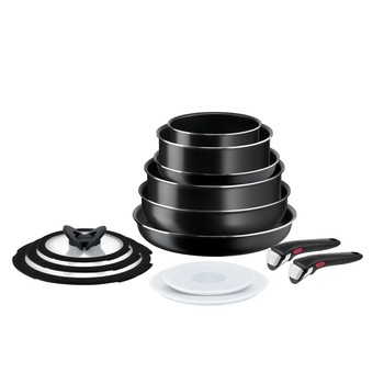 Set 13 piese vase de gatit Tefal Ingenio Easy Cook & Clean, inductie, oale 16 / 20 cm, tigai 22 / 28 cm, tigaie saute 24 cm, tigaie wok 26 cm, 2 manere, 2 capace ermetice 16 / 20 cm, 3 capace de sticla 16 / 20 /24 cm, maner detasabil