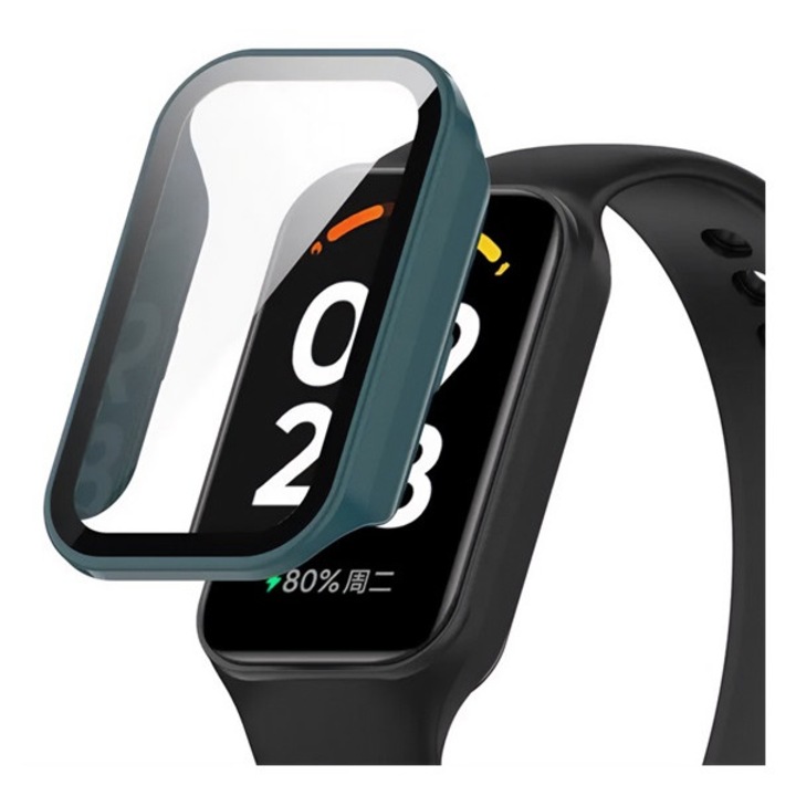 Gigapack műanyag keret, ütésállóság + kijelzővédő üveg, sötétzöld, kompatibilis: Xiaomi Smart Band 8 Active / Redmi Smart Band 2