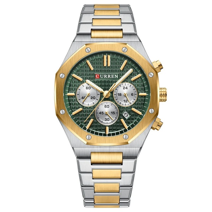 Ceas barbatesc de mana Curren Elegant Cronograf Luxury Quartz Analodwqfg Casual Fashion Argintiu/Verde, Verde, Argintiu/Auriu