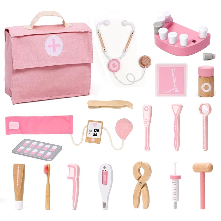 BYONDSELF® Детска дървена играчка Медицински комплект, включва зъболекарски модел, стетоскоп, чанта, за ролева игра на лекар, 3 години+, розов