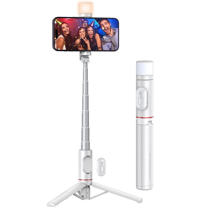 Trepied Foto Telescopic cu Lumina, BYONDSELF®, 76cm, Telecomanda detasabila, Suport Pentru Telefon, Lumina Rece/Calda/Neutra, Alb