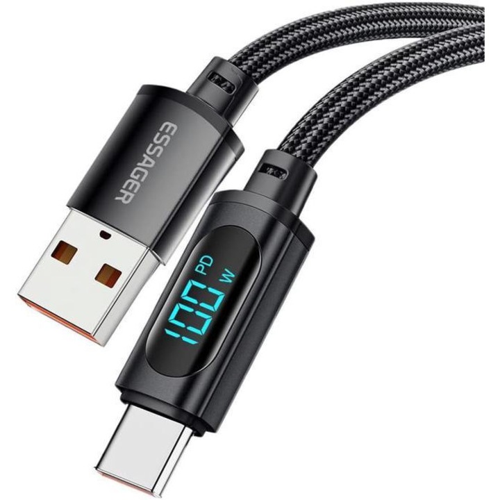 Adat- és töltőkábel PD USB Type C - USB A, hossza 1 m, digitális kijelző, gyorstöltés maximum 100W
