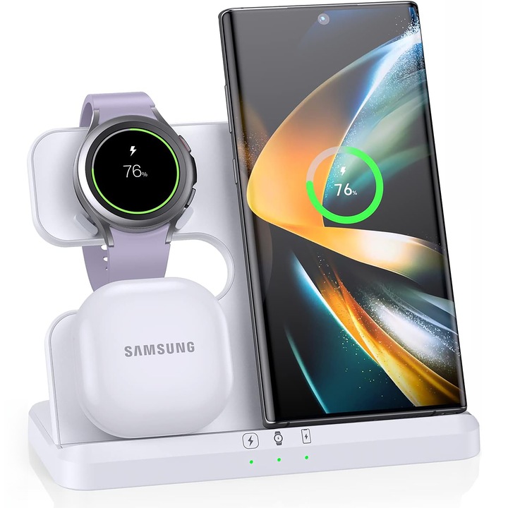 Универсално безжично бързо зарядно, зарядна станция 3 в 1, 10W бързо зареждане за телефон, слушалки, смарт часовник, бял