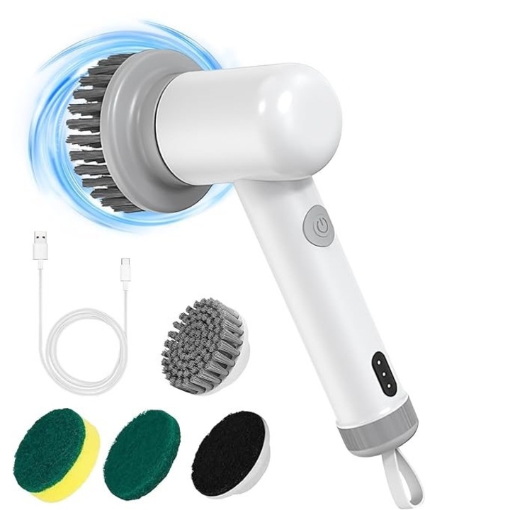 Perie de curatare portabila, cu diferite capete de curatare, cu 2 viteze, fara fir, reincarcabila, ABS, Alb